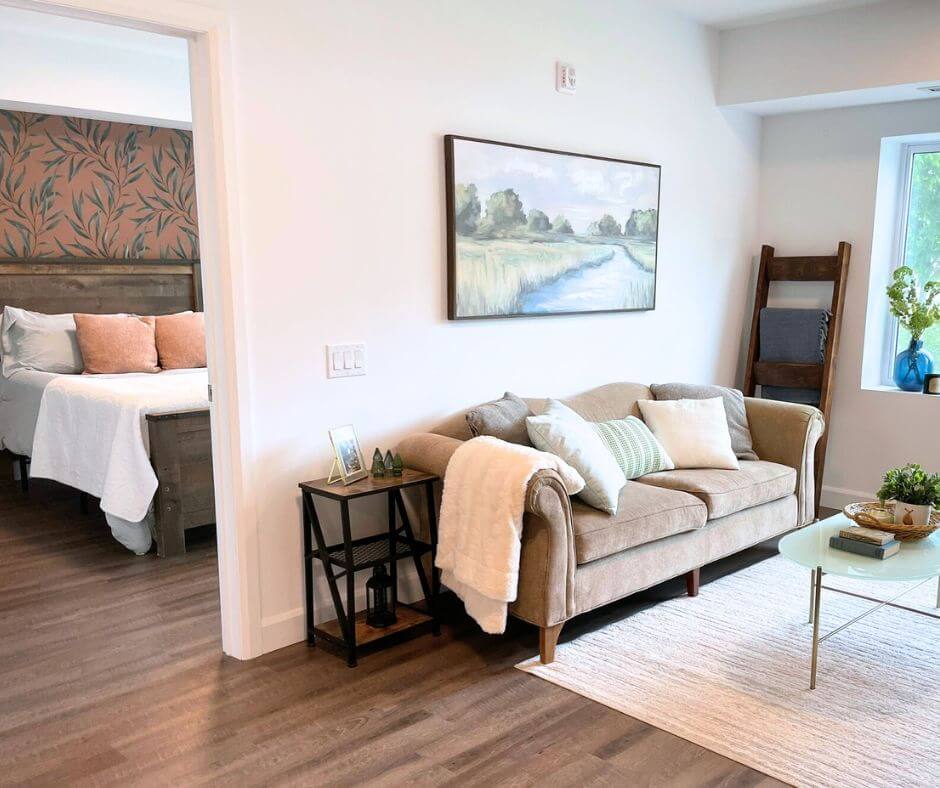 Interior shot of a nicely decorated, bright living room