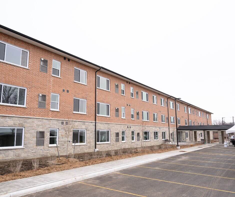 Exterior shot of a multi unit brick building