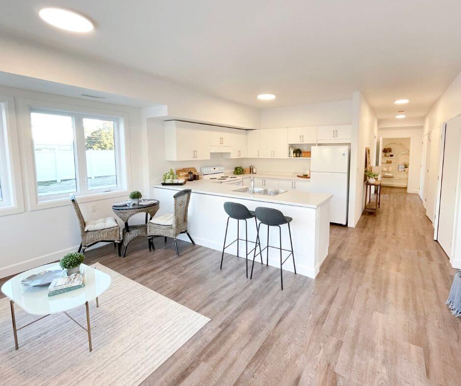 Interior shot of a modern, bright open concept kitchen