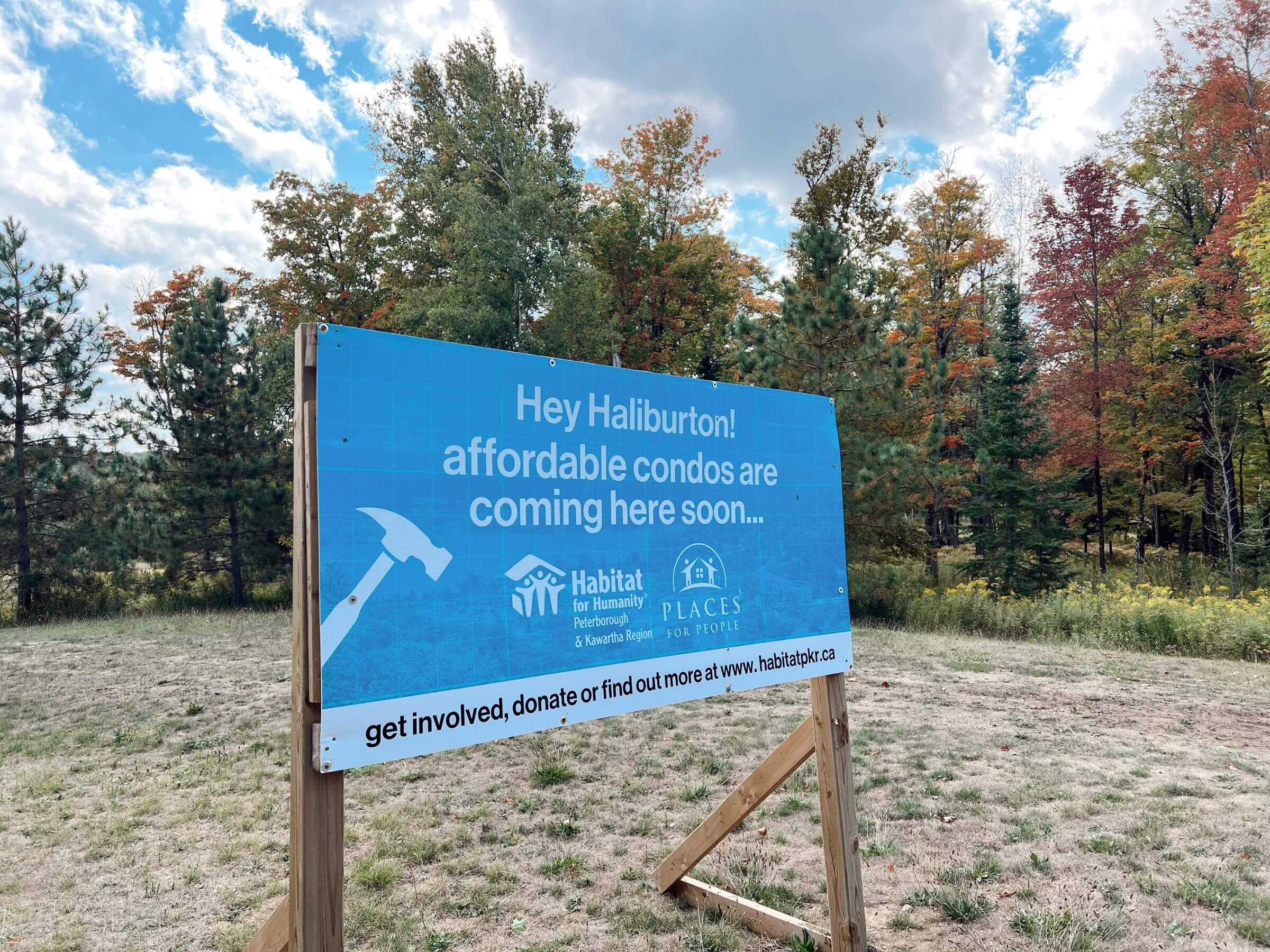 A large blue Habitat branded sign is erected in an empty lot, it reads: "Hey Haliburton! Affordable condos are coming here soon."
