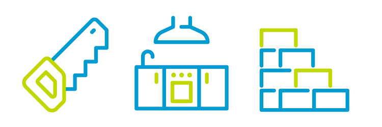 Icons of tools, a kitchen counter and a partially built wall