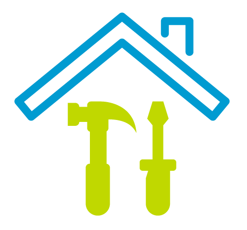 Icon of a house roof with a hammer and screwdriver under it