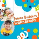 A collage of fun colours, bubbles and photographs of kids with the Junior Builder Workshops title
