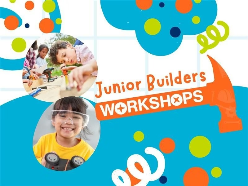 A collage of fun colours, bubbles and photographs of kids with the Junior Builder Workshops title