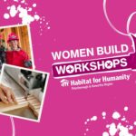 An exciting collage of tools, splatters, and images of women building.