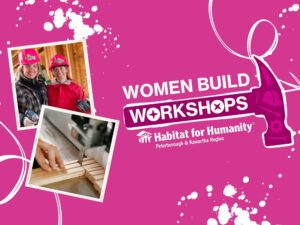 An exciting collage of tools, splatters, and images of women building.
