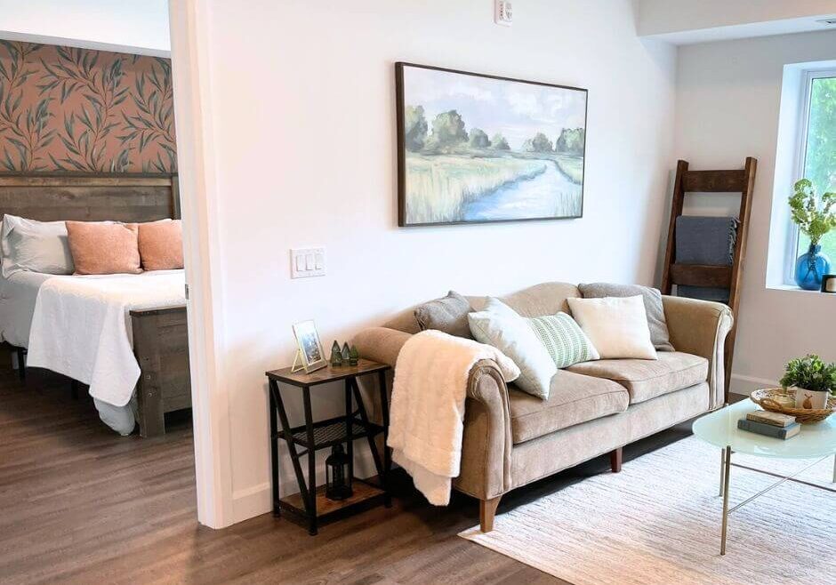 Interior shot of a nicely decorated, bright living room