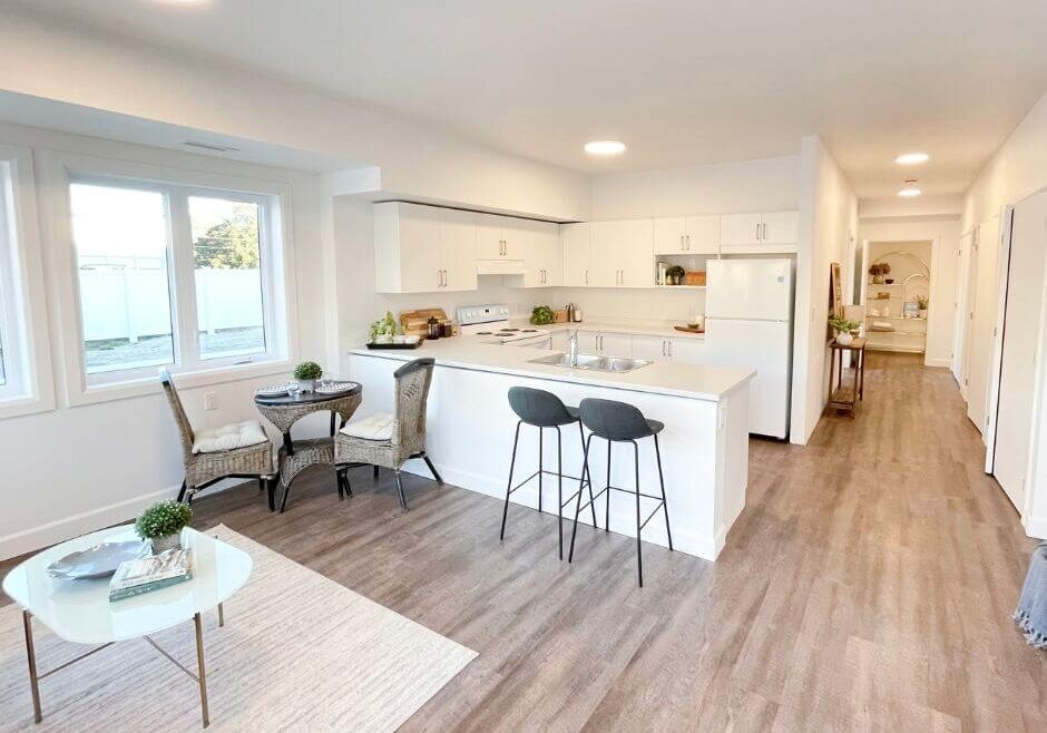 Interior shot of a modern, bright open concept kitchen